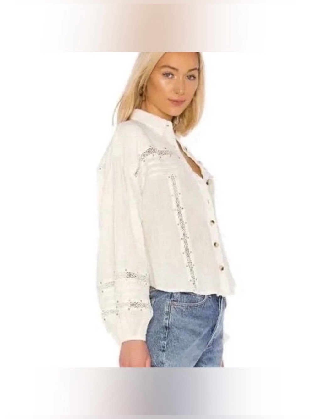 Retail $189 -- now $39 Free People Cream Lace-Trim Button-Front Blouse
